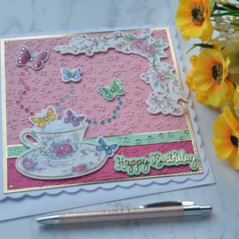 Vintage Roses China Teacup Happy Birthday Butterfly 3D Luxury Handmade Card 