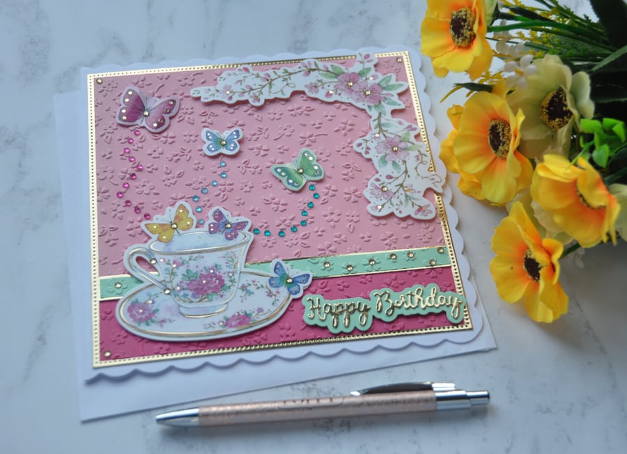 Vintage Roses China Teacup Happy Birthday Butterfly 3D Luxury Handmade Card 
