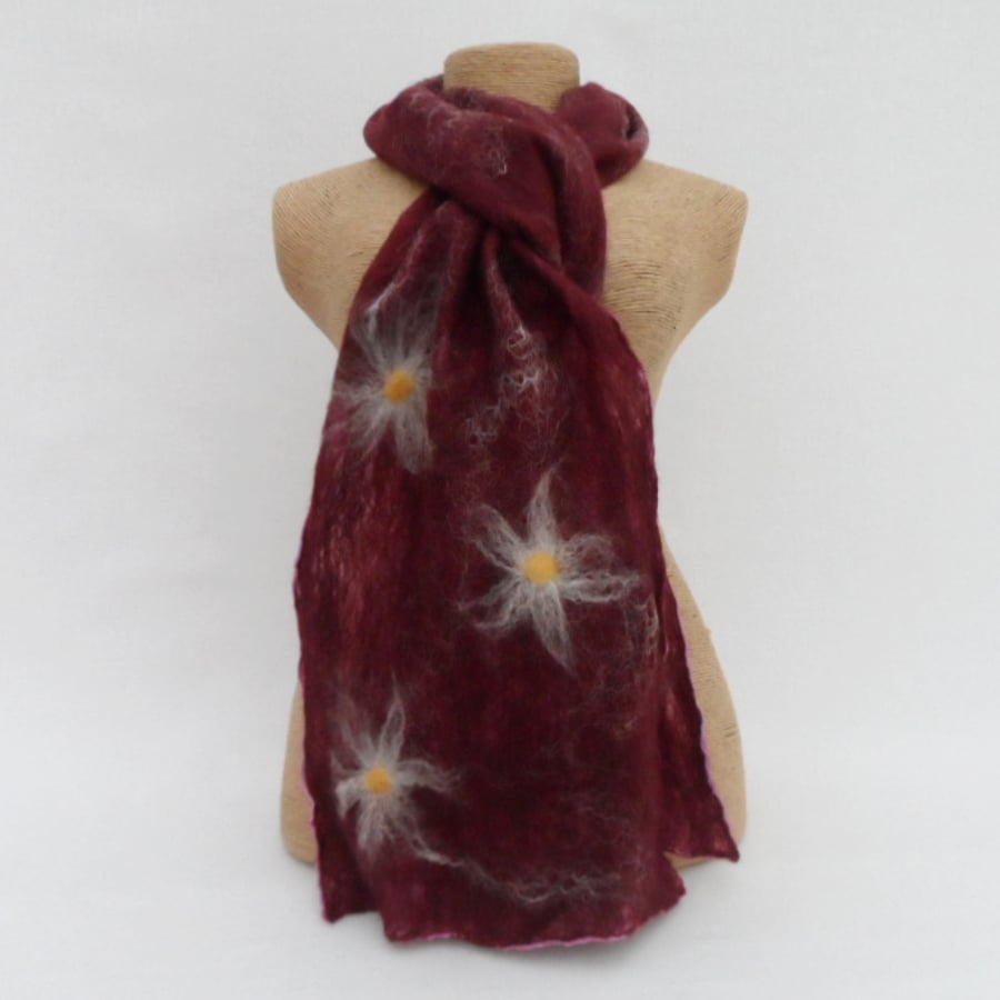 Nuno felted scarf, wool on silk, burgundy with daisy detail - SALE