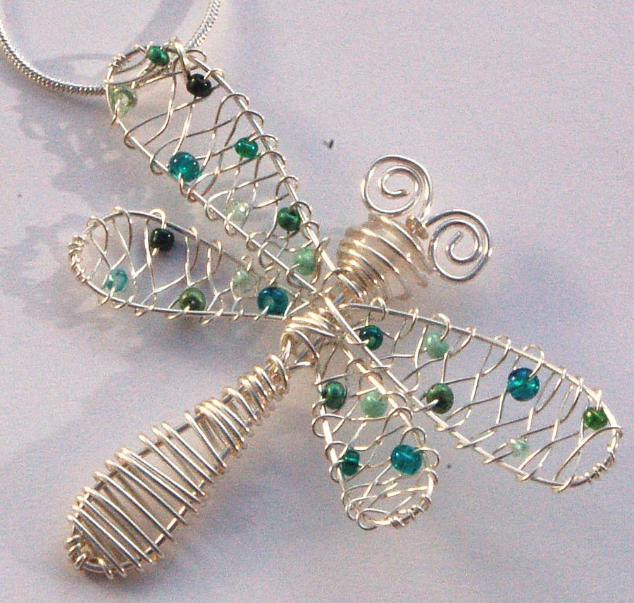 Dragonfly Necklace, silver wirework