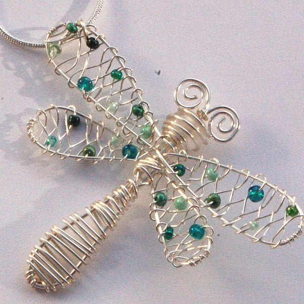 Dragonfly Necklace, silver wirework