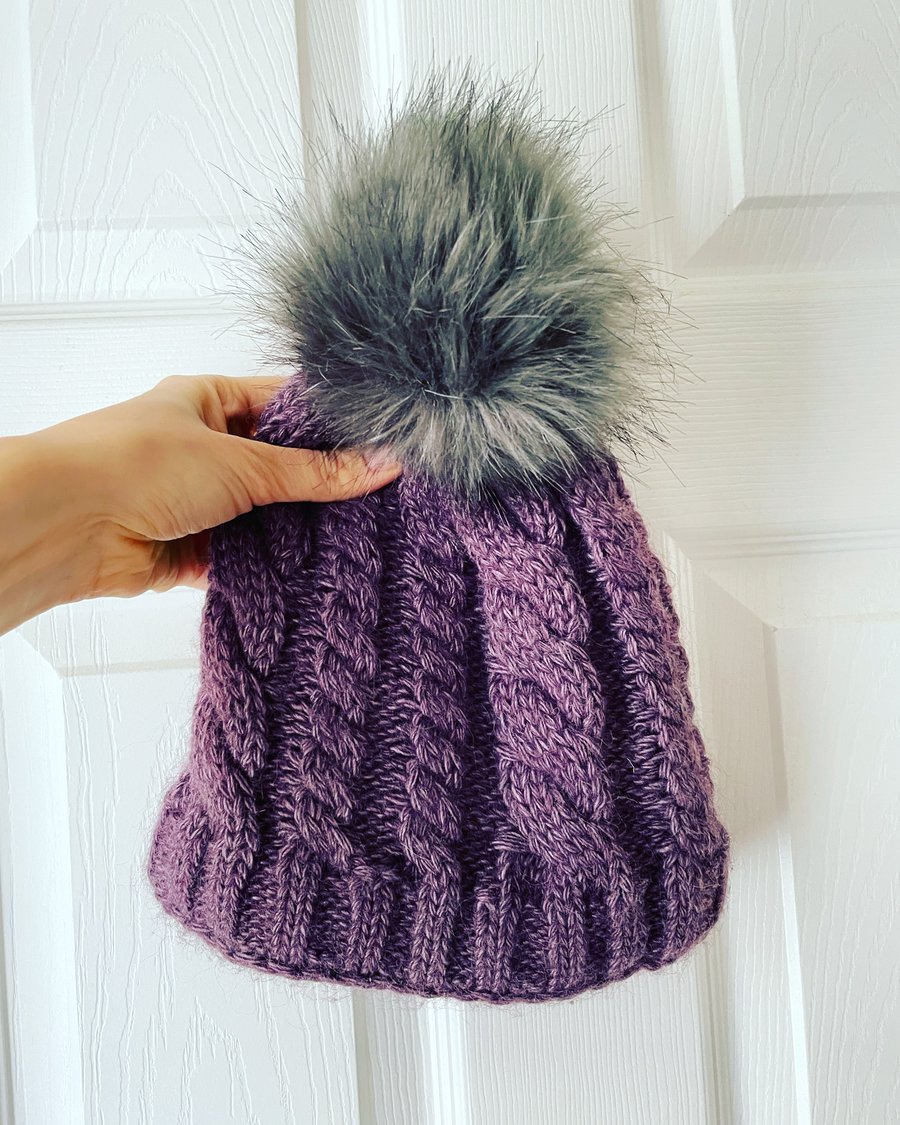 Hand knitted warm purple wool hat cabled faux fur pompom beanie