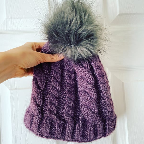 Hand knitted warm purple wool hat cabled faux fur pompom beanie