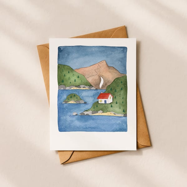 Lake Cabin, A6 giclée greetings card with recycled brown envelope