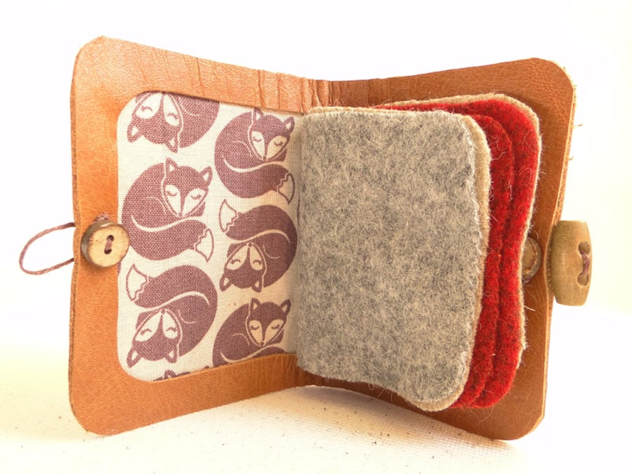 Needle Case - Brown Leather with Sleeping Fox Fabric - Needle Book - Sewing Gift