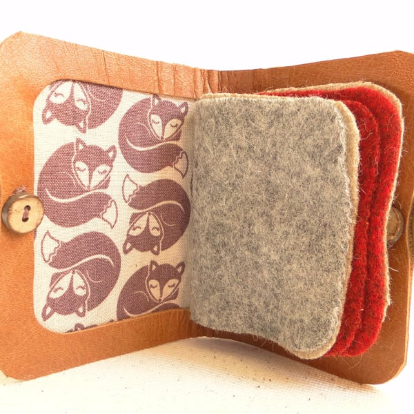 Needle Case - Brown Leather with Sleeping Fox Fabric - Needle Book - Sewing Gift