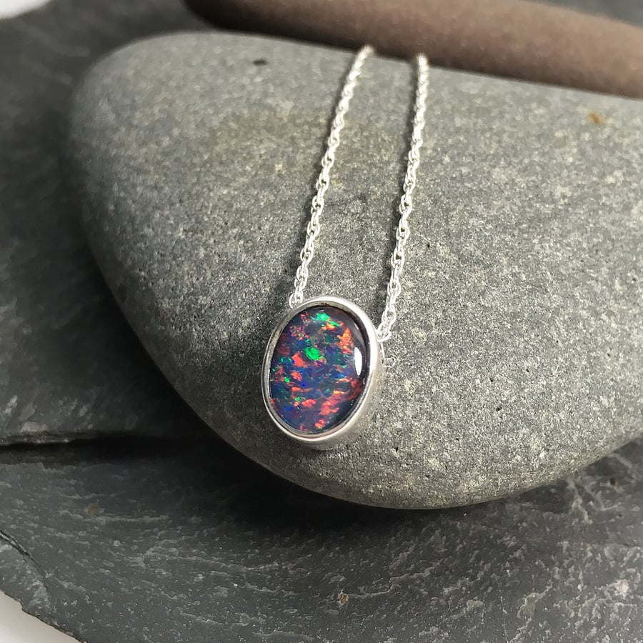 Oval Opal triplet slider pendant on 18 inch sterling silver chain