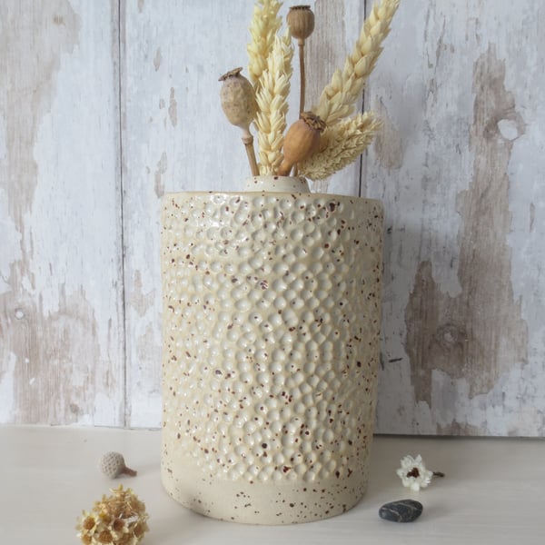 Hand-built speckled pottery vase in satin white glaze