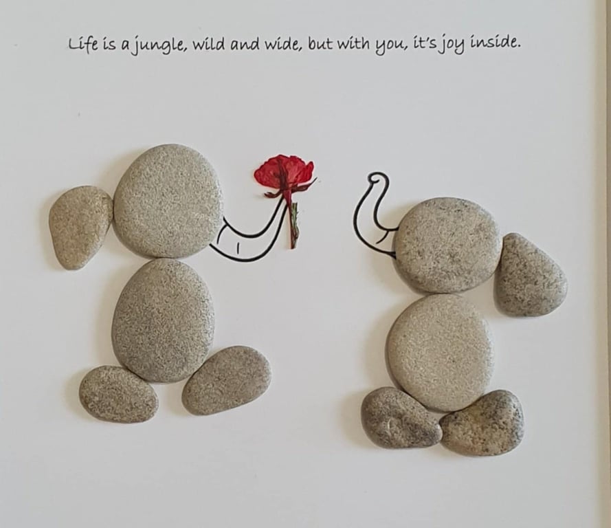 Handmade Pebble Art Elephant Couple, Stone Wall Gift for Couples