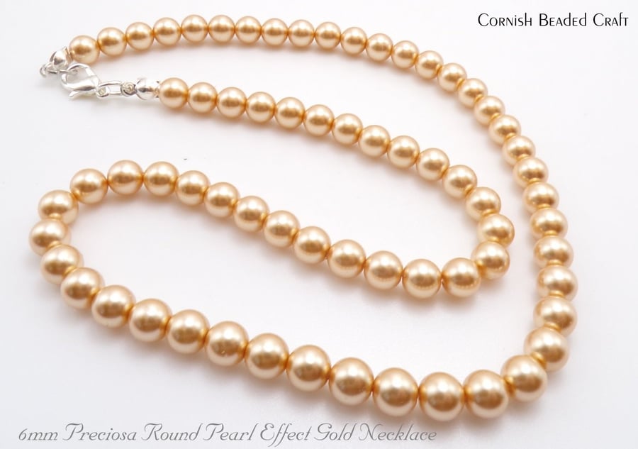 Preciosa Gold Round Pearl Effect Necklace 6mm or 8mm  - FREE UK P&P