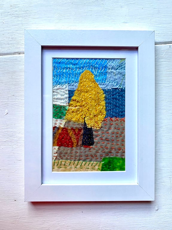 Abstract Yellow Tree, hand embroidered fabric collage
