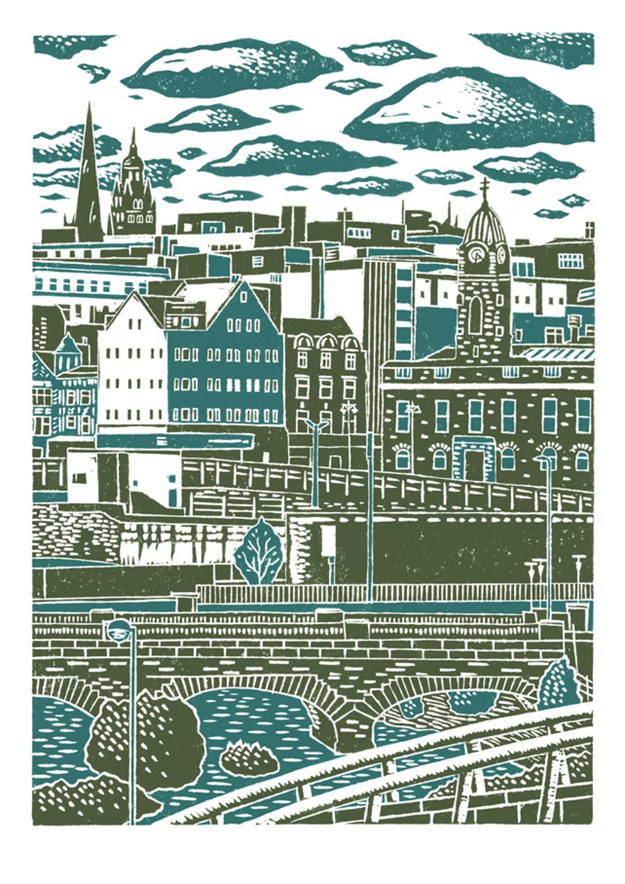 Sheffield City View No.7 A3 poster print (dark green & teal)