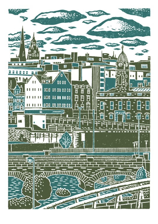 Sheffield City View No.7 A3 poster print (dark green & teal)