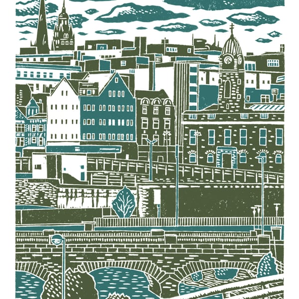 Sheffield City View No.7 A3 poster print (dark green & teal)