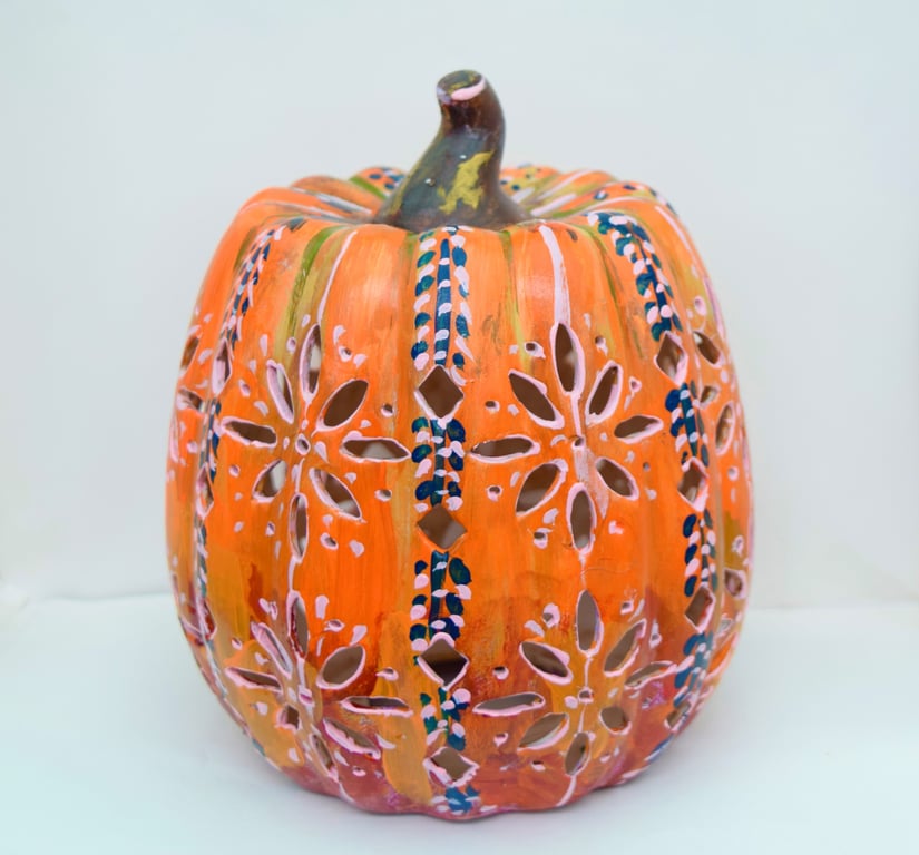 Hand-Painted Pumpkin Lantern - Autumn Ceramic Home Decor