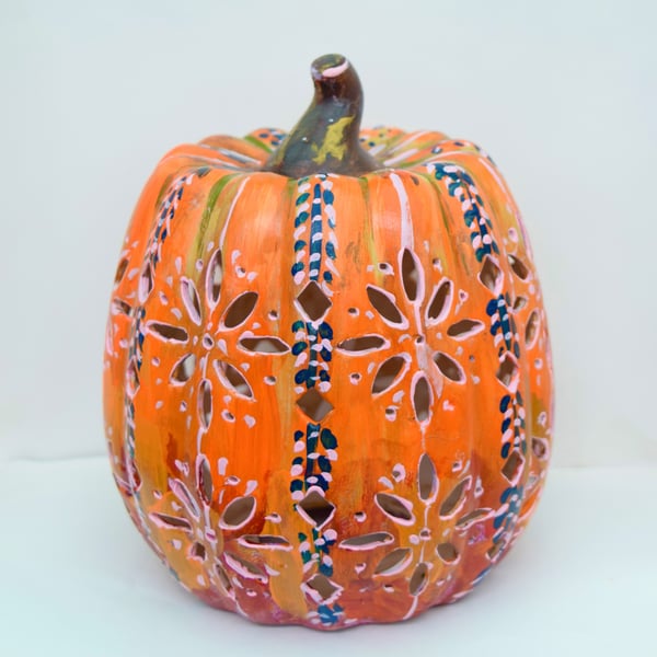 Hand-Painted Pumpkin Lantern - Autumn Ceramic Home Decor