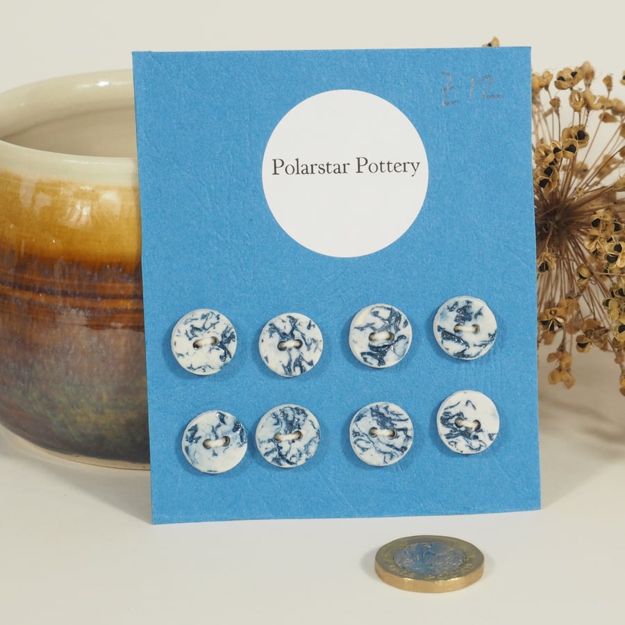 Set of 8 Small Porcelain Buttons - Chunky edge with Blue organic texture