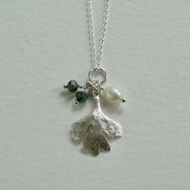 Hawthorn leaf pendant - hand textured - recycled sterling silver - emerald pearl