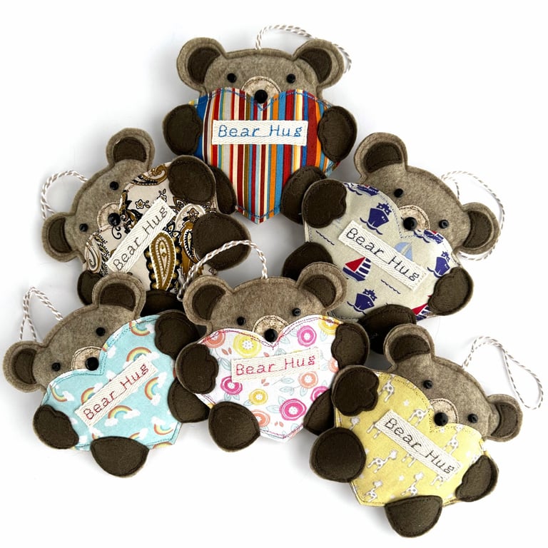 Bear Hug Hanging Decoration with Patterned Heart, Letterbox Gift