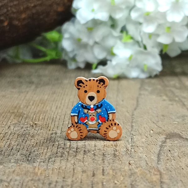 Personalised Christmas Teddy Bear Brooch, Handmade Wooden Christmas Jumper Pin