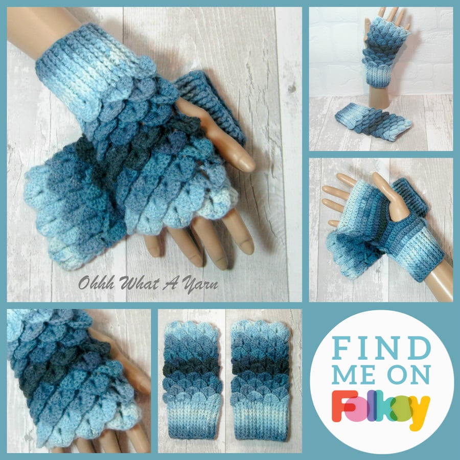 Blue and white dragon scale gloves. Fingerless gloves. Crocodile stitch. 