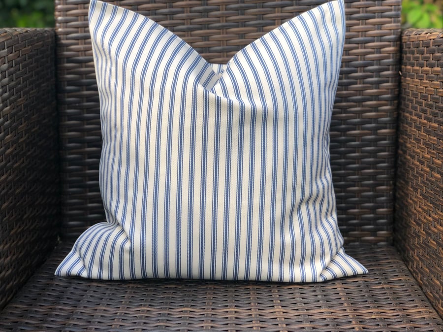 Blue and Cream Ticking Cushion Cover 18” x 18”)