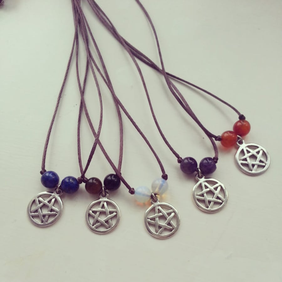 Pagan wiccan silver pentacle protection charm and gemstone cord necklace