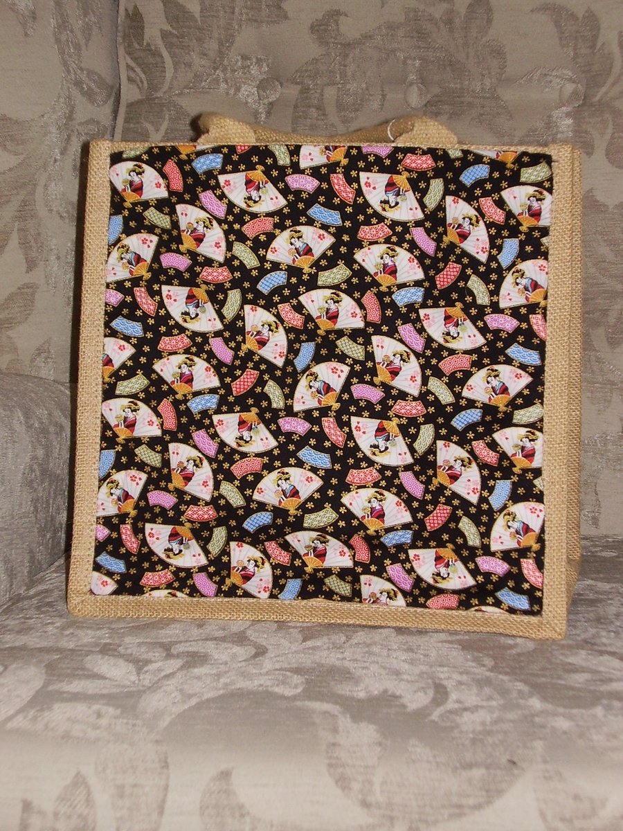 Jute Bag with Japanese Fans on Black Fabric Pocket