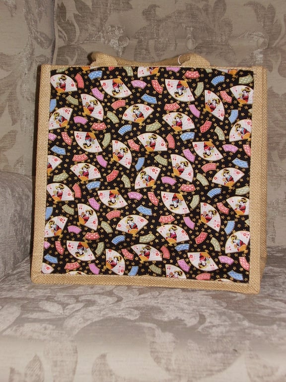Jute Bag with Japanese Fans on Black Fabric Pocket