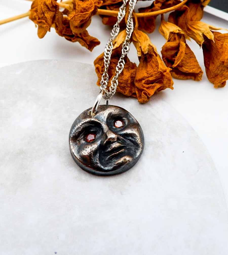 Moon Necklace - Celestial Solid Recycled Silver Moon Garnet Gemstone Necklace 