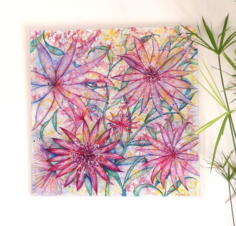 Colourful Semi-Abstract Flower Oil Painting Original Framed Square Floral Canvas