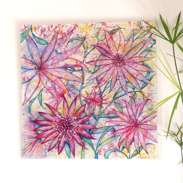 Colourful Semi-Abstract Flower Oil Painting Original Framed Square Floral Canvas