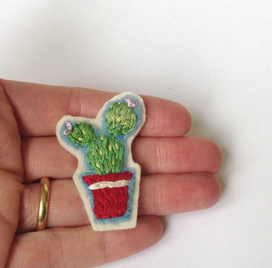 Hand Embroidered Cactus Brooch
