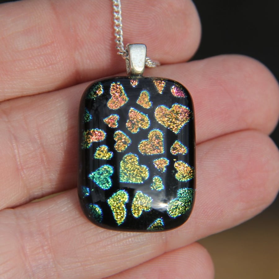 Orange Green Heart Pattern Dichroic Glass Pendant,  Fused Glass Necklace F24