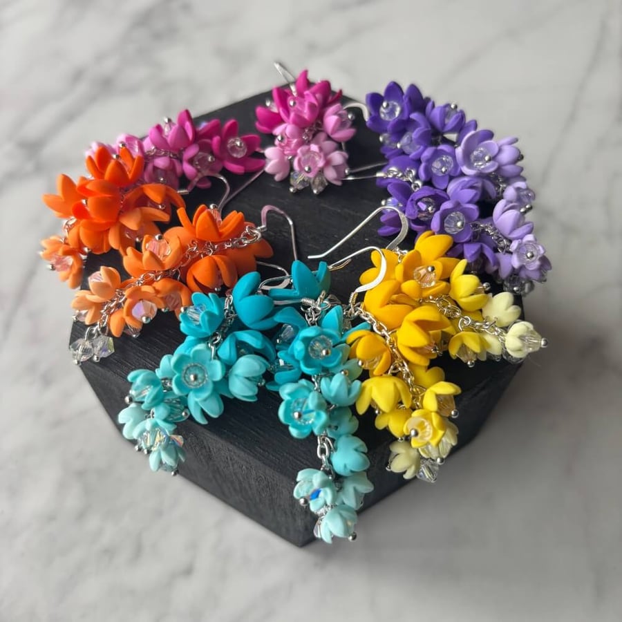 Mini Flower Cascade earrings handmade with crystals & sterling silver ear wires