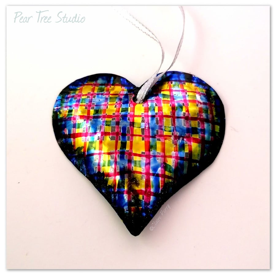 Small Tartan patterned metal heart decoration in blue ,pink ,yellow. Hand made.