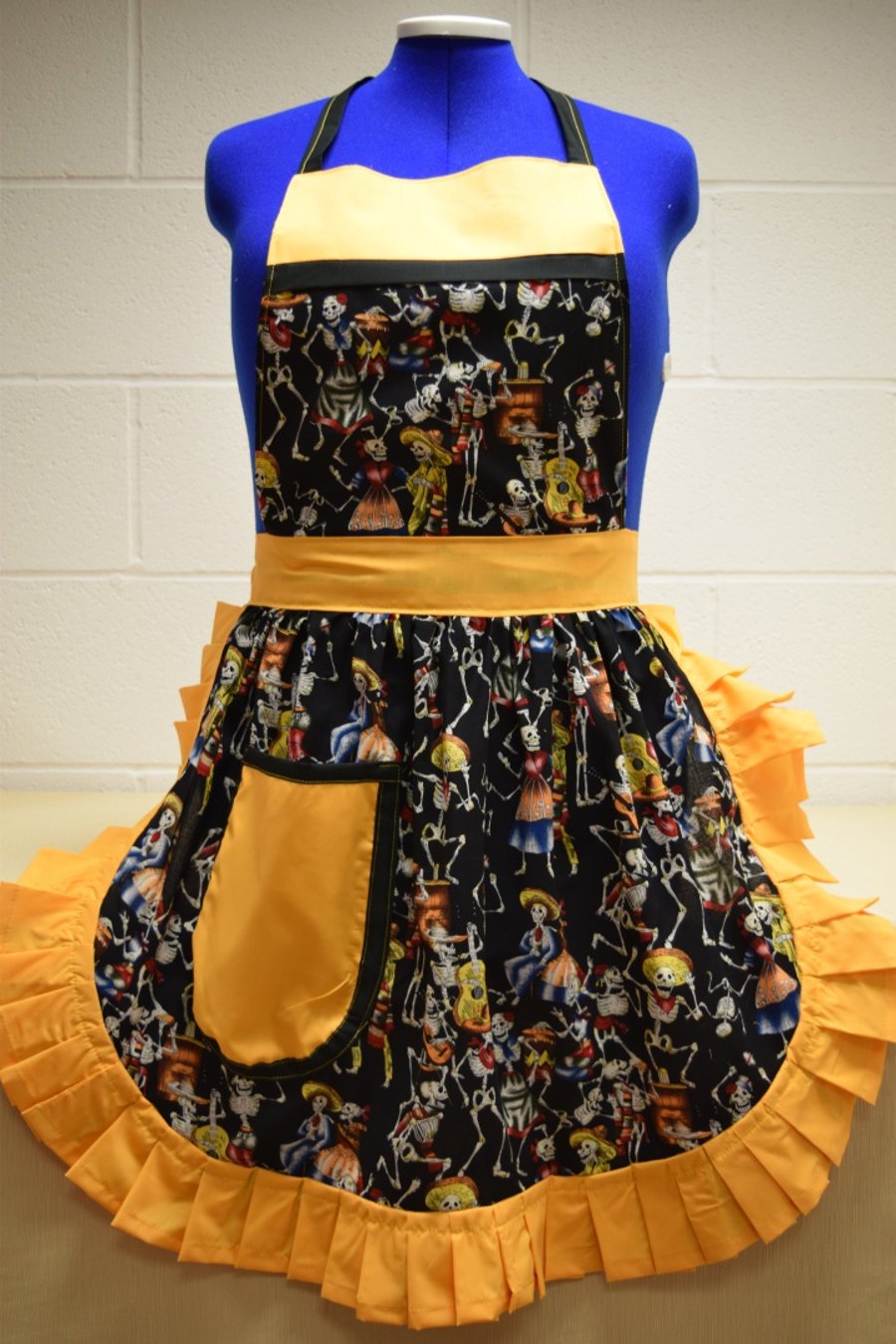 Vintage 50s Style Full Apron Pinny - Black "Day of the Dead" with Orange Trim