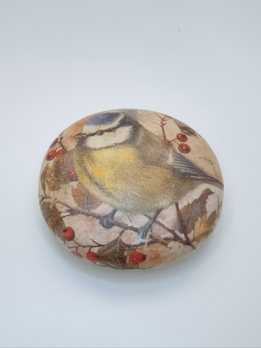 Bluetit garden bird decorated wooden pebble, gift for a bird lover