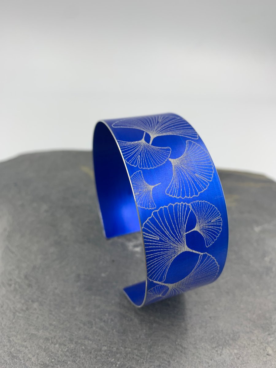 Anodised aluminium ginkgo leaf cuff in dark blue