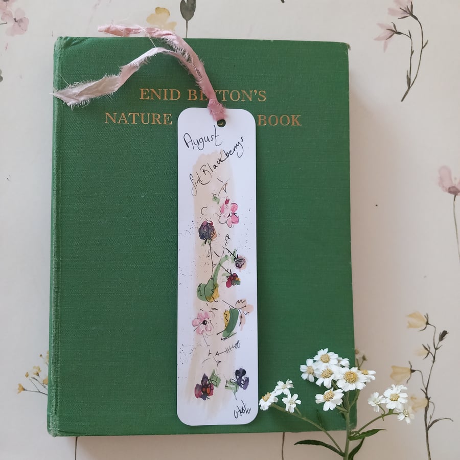 Hand drawn bookmark  ' celebrating august and blackberry seasonal.'