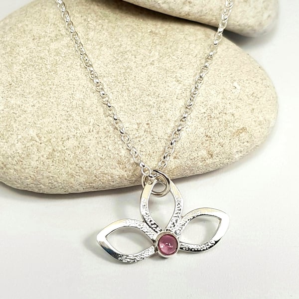 Sterling Silver Flower Pendant Necklace - Pink Tourmaline