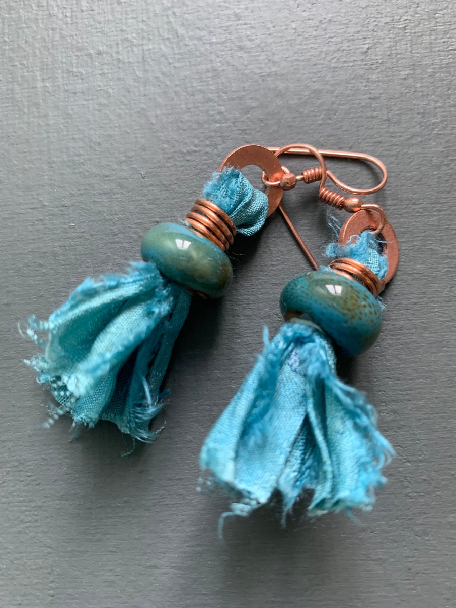 Earrings - blue sari silk and copper