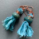 Earrings - blue sari silk and copper