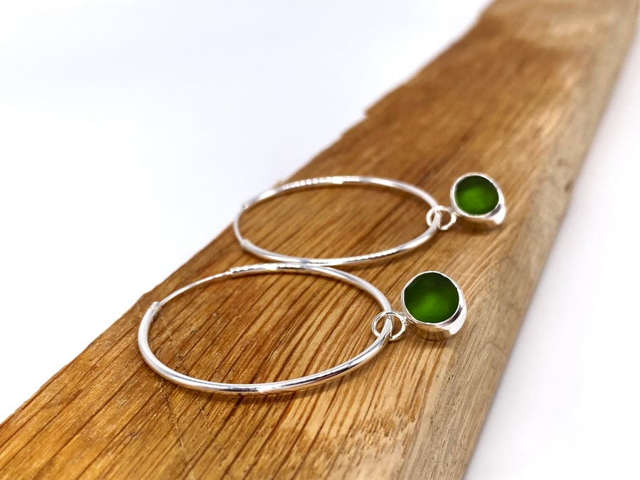 Olive Green Sea Glass Hoop Earrings