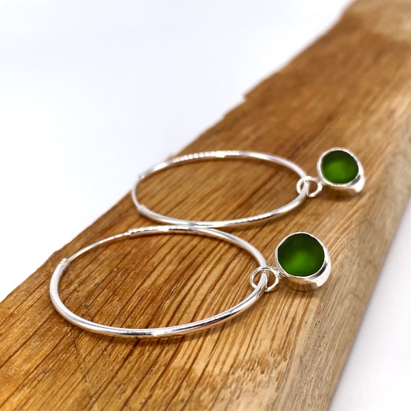 Olive Green Sea Glass Hoop Earrings