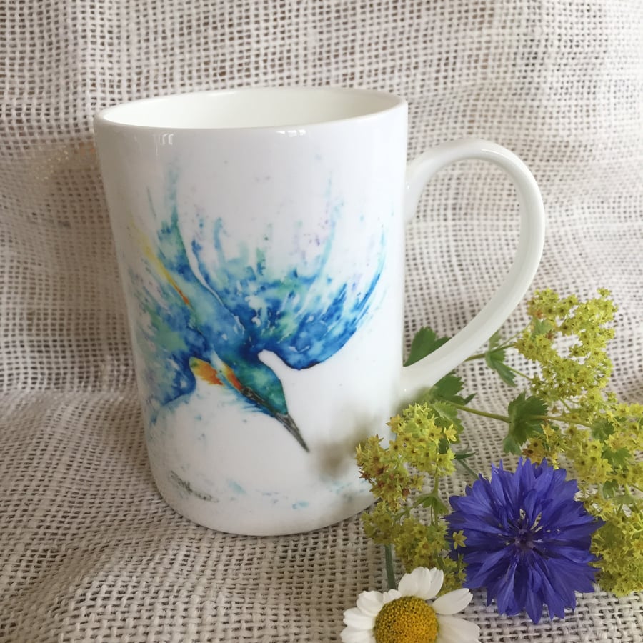 Kingfisher Watercolour Bone China Mug, China Cup, Wildlife Art Mug by Watercolou