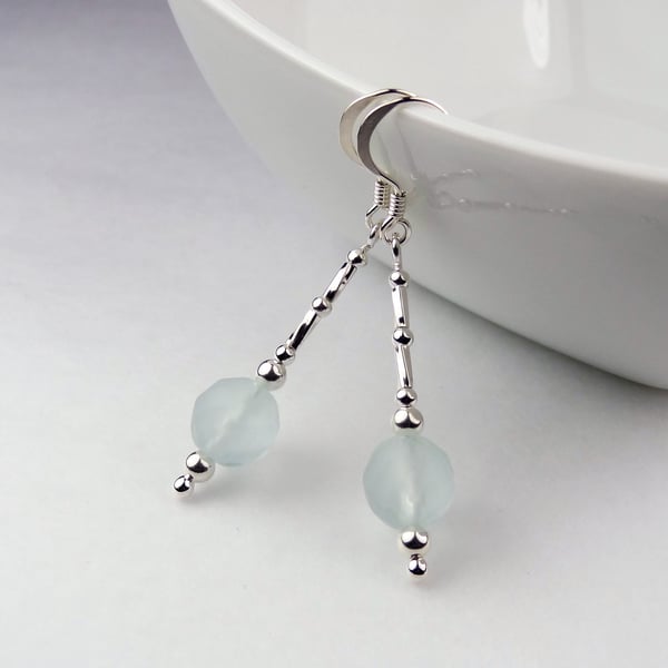 Sterling silver & 8mm very pale blue faceted and frosted sea glass drop earrings