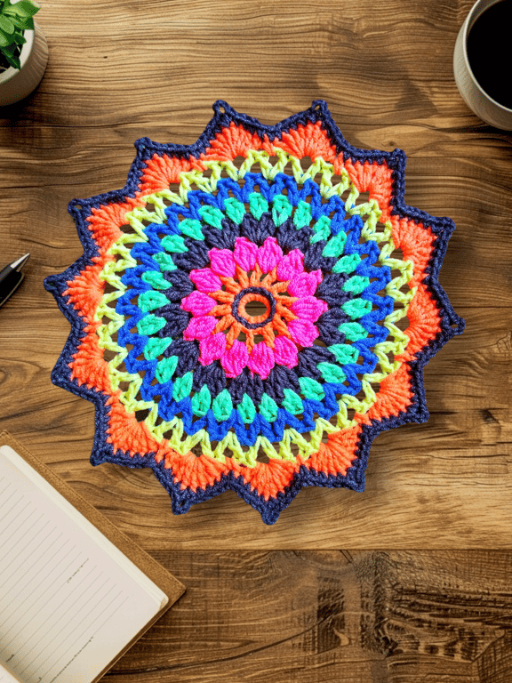 ultra bright, neon, crochet doily, mandala table mat