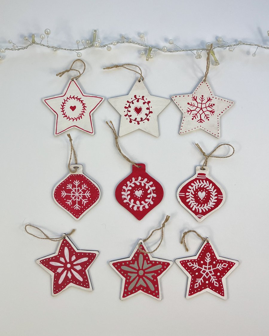 Handpainted Rustic Set of 3 Christmas Tree Decorations, Eco Friendly 