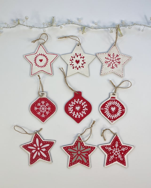 Handpainted Rustic Set of 3 Christmas Tree Decorations, Eco Friendly 